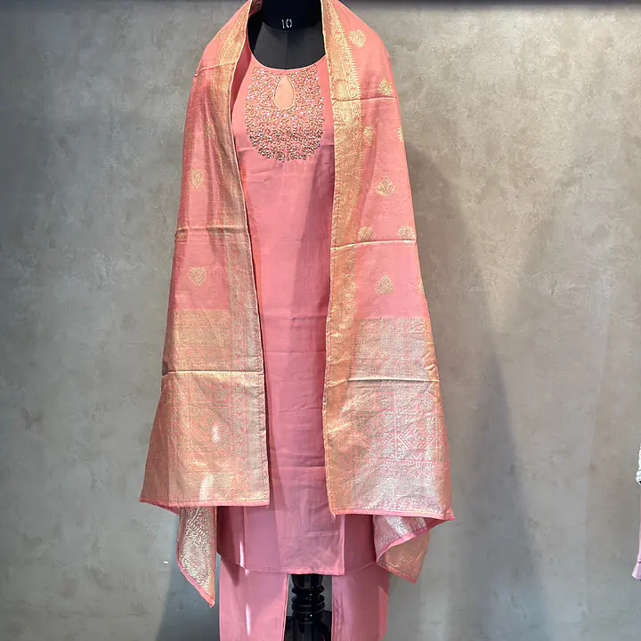 BANARASI STRAIGHT HANDWORK SUIT SET - CHERRY RED - 38