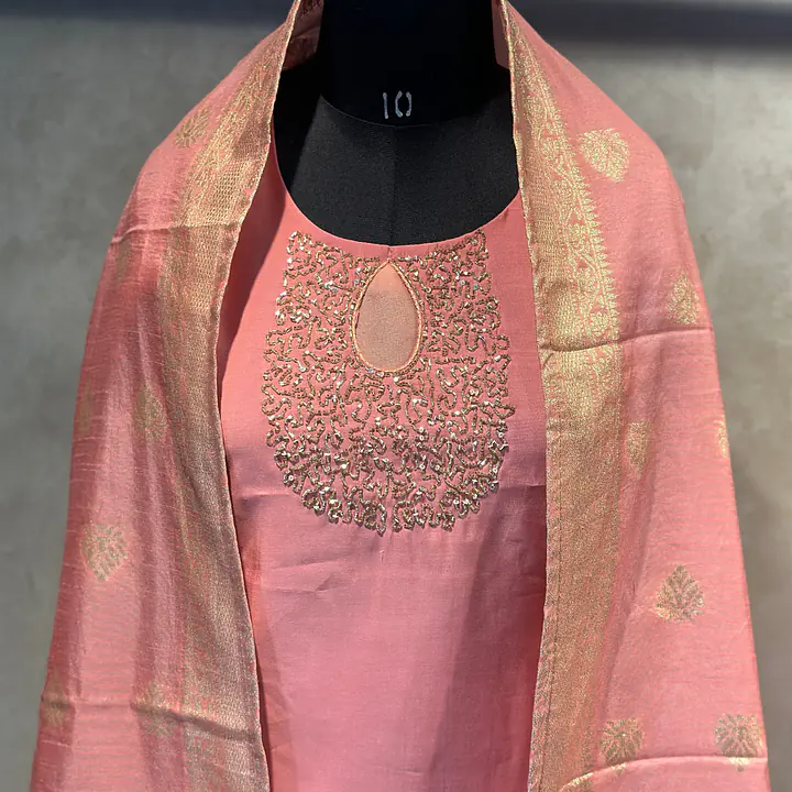 BANARASI STRAIGHT HANDWORK SUIT SET - CHERRY RED - 42
