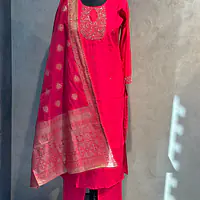 BANARASI STRAIGHT HANDWORK SUIT SET - PEACH - 44