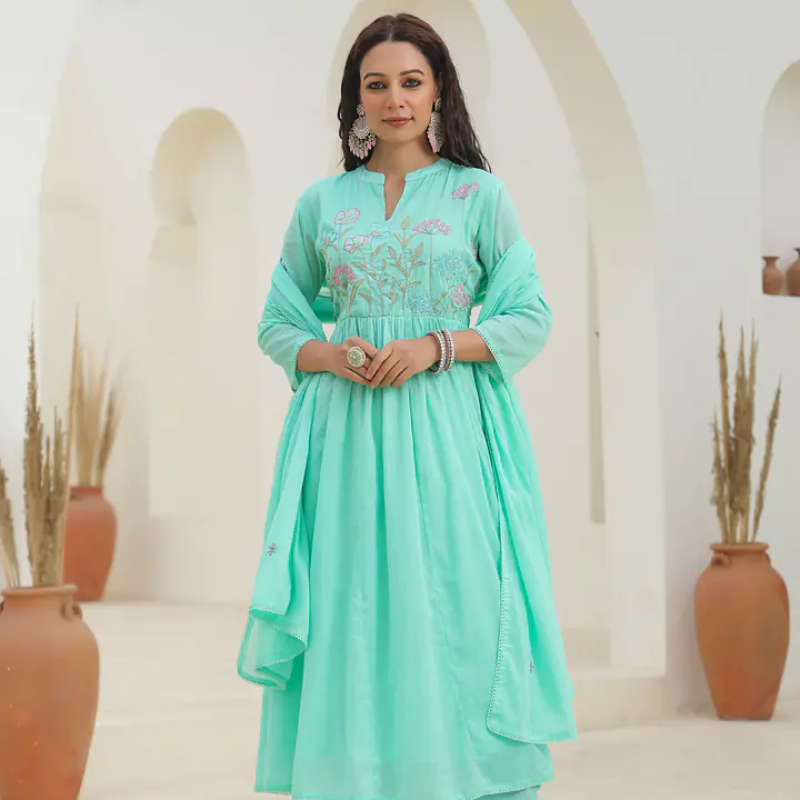 BEAUTIFUL MUL COTTON EMBROIDERED SUIT SET - Seafoam Green (Mint Green) - 38