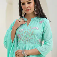 BEAUTIFUL MUL COTTON EMBROIDERED SUIT SET - Seafoam Green (Mint Green) - 42