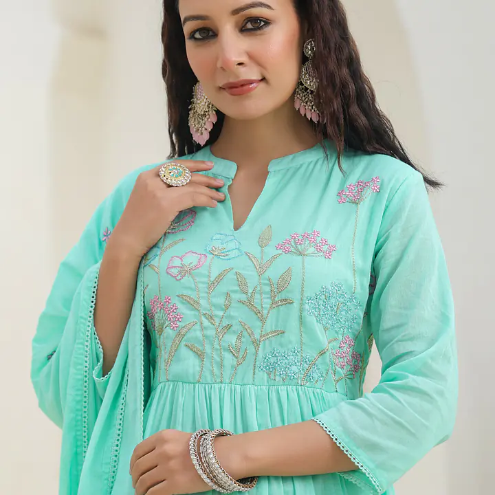 BEAUTIFUL MUL COTTON EMBROIDERED SUIT SET - Seafoam Green (Mint Green) - 42