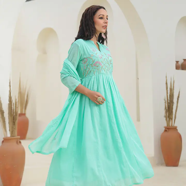 BEAUTIFUL MUL COTTON EMBROIDERED SUIT SET - Seafoam Green (Mint Green) - 44