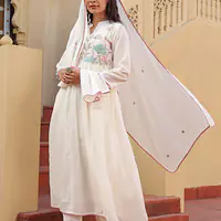 BEAUTIFUL MUL COTTON EMBROIDERED SUIT SET - Off White - 44