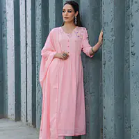 BEAUTIFUL MUL COTTON EMBROIDERED SUIT SET - 40 - Baby pink