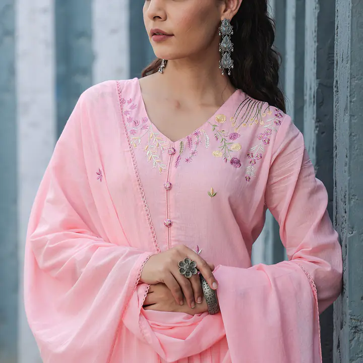 BEAUTIFUL MUL COTTON EMBROIDERED SUIT SET - 42 - Baby pink