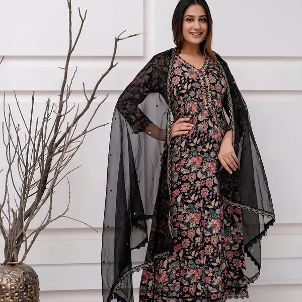 Three Piece Anarkali Suit - 38 - Black
