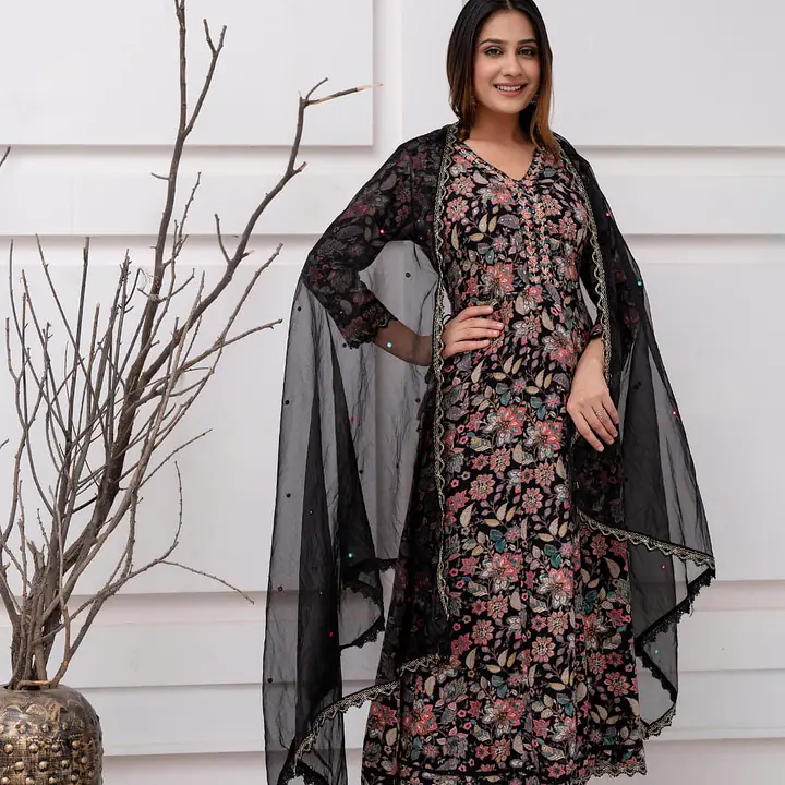 Three Piece Anarkali Suit - 38 - Black