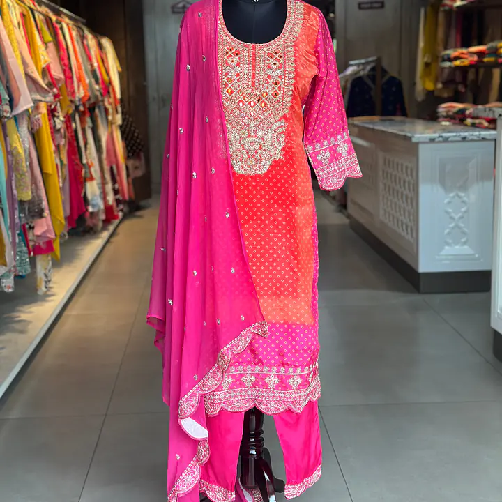 STRAIGHT BHANDEJ SUIT SET - Pink-orange - 40