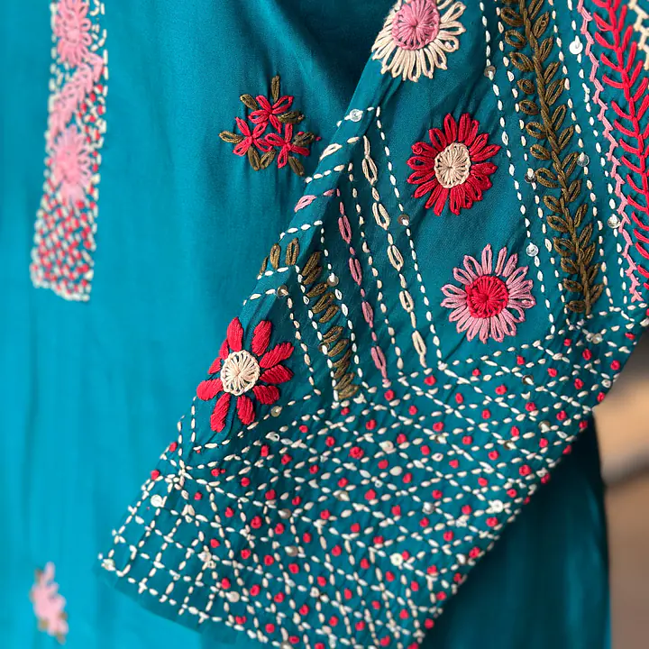 HAND EMBROIDERED STRAIGHT SUIT SET - Rama green - 40