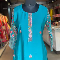 HAND EMBROIDERED STRAIGHT SUIT SET - Rama green - 42