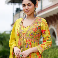 3 Piece Floral Jacket Suit - Lemon Yellow - 42