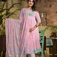 Three Piece Chikan Handwork Suit - Baby Pink Colour - 38