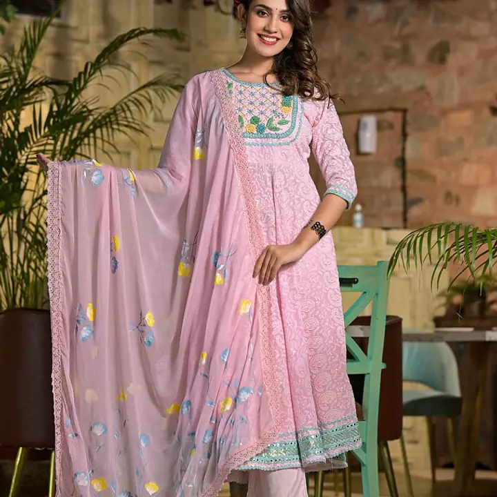 Three Piece Chikan Handwork Suit - Baby Pink Colour - 38