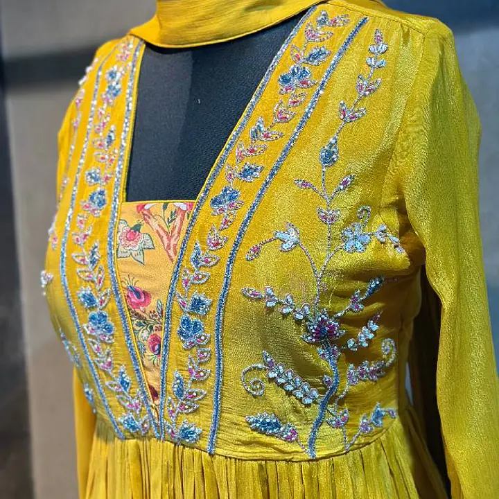 Pure Chinon Handwork Plazo Set - Mustard - 42