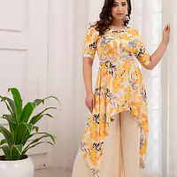 Pure Chinon Handwork Plazo Set - Lemon Yellow - 38