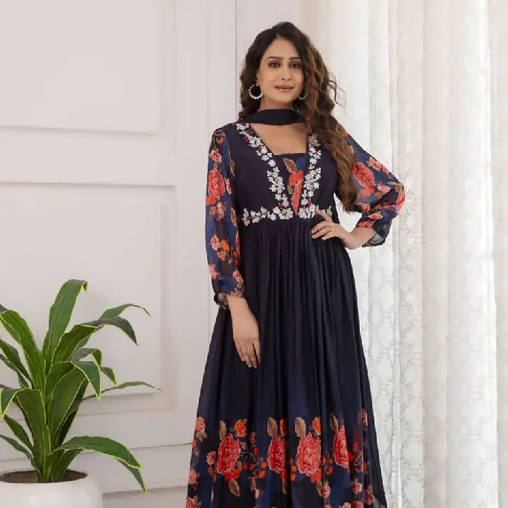 Pure Chinon Anarkali Suit - Black - 42