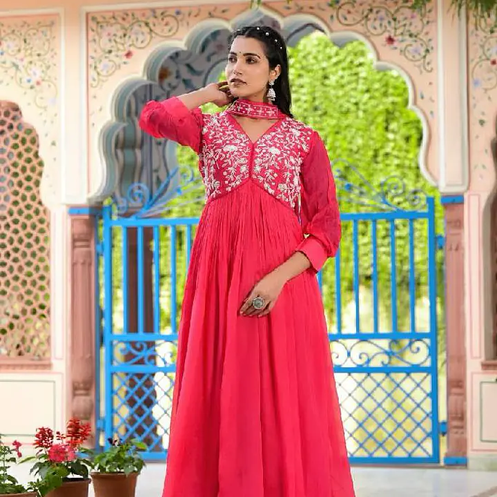 Handwork Long Gown Set - Pink - 42
