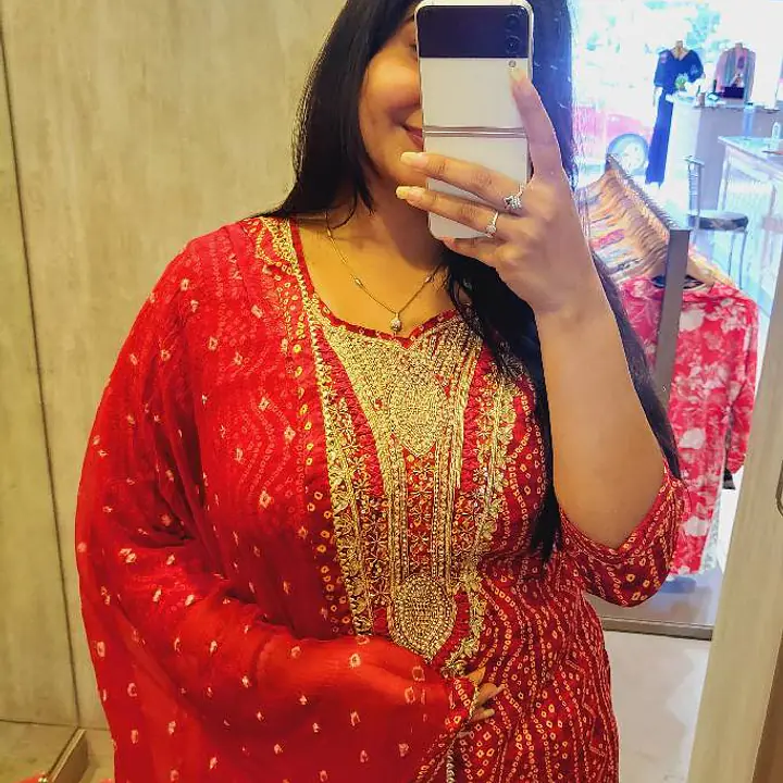 Handwork Bhandhej Shrara Suit - Red - 40