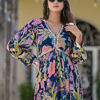 Floral Long Gown - Blue - 38