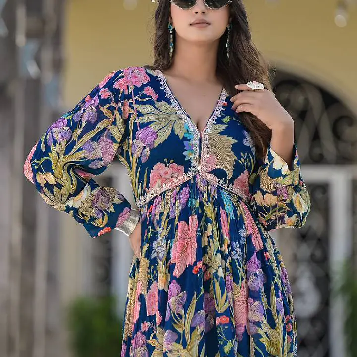 Floral Long Gown - Blue - 38